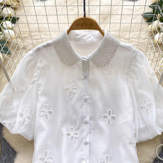 Elea Embellished Collar Top In White