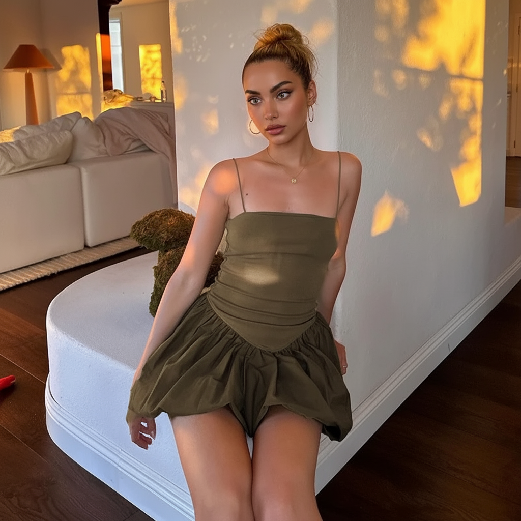 Camille Statement Balloon Dress In Olive