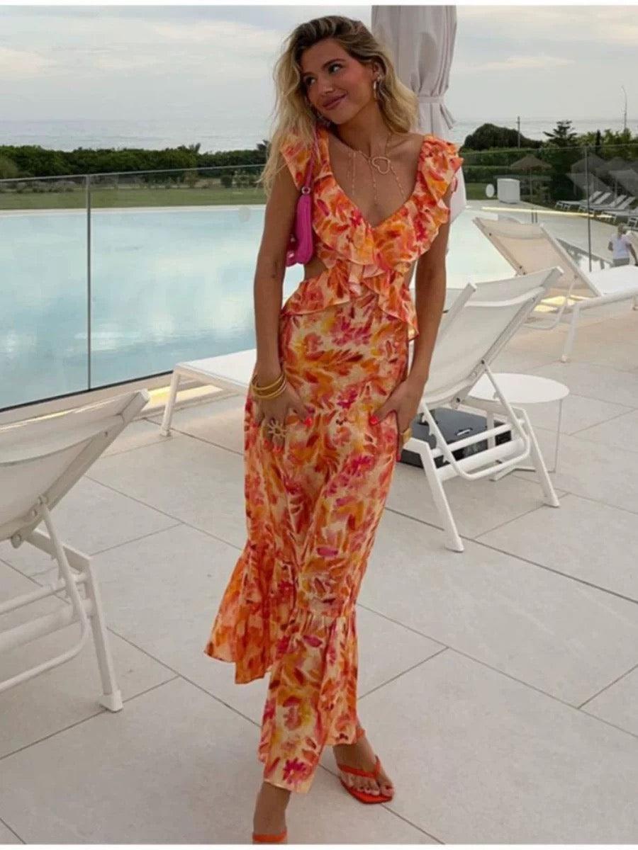 Diaz Floral Ruffled Maxi Dress In Rust