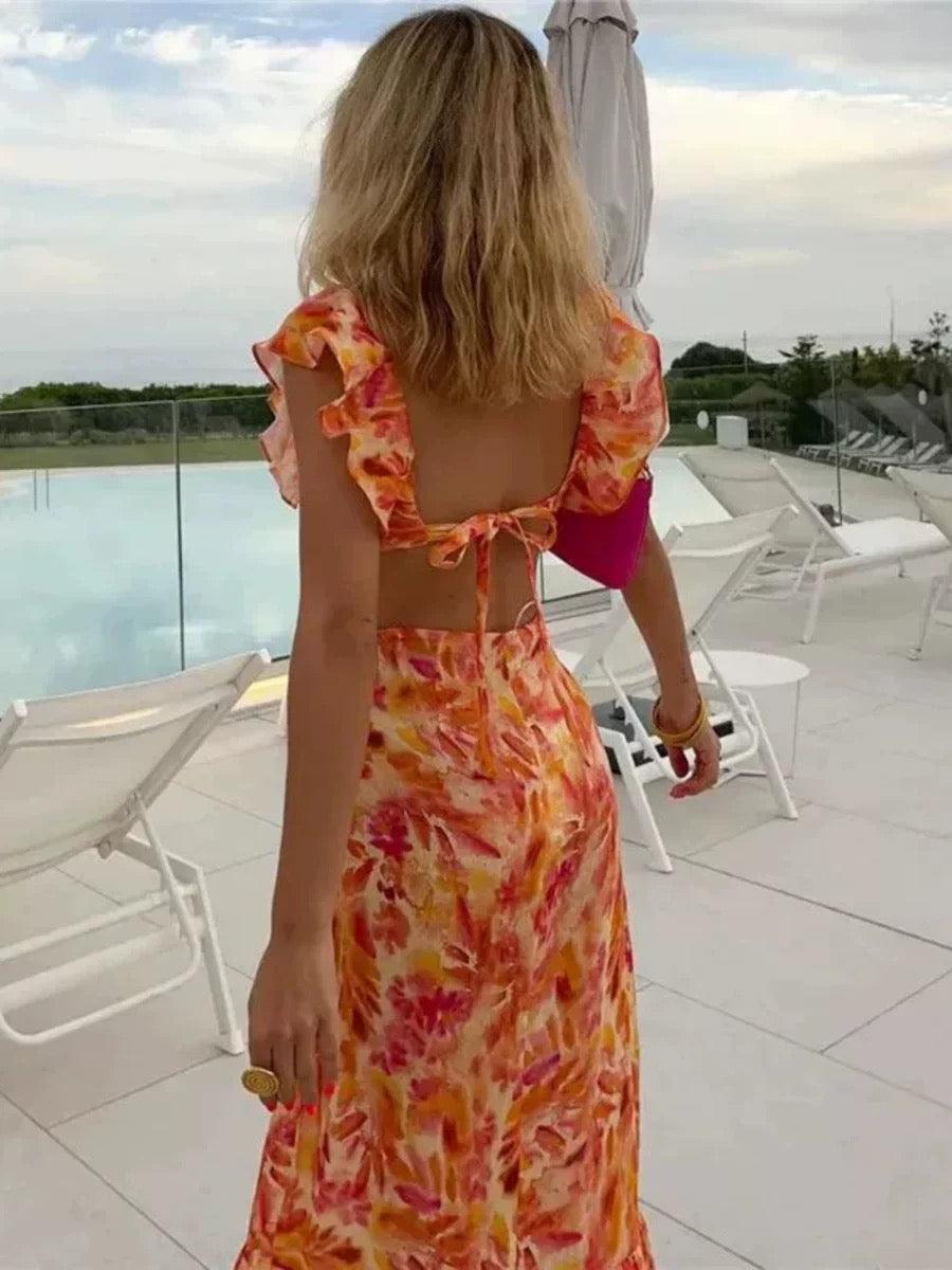Diaz Floral Ruffled Maxi Dress In Rust