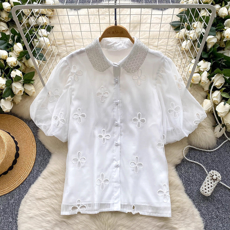 Elea Embellished Collar Top In White