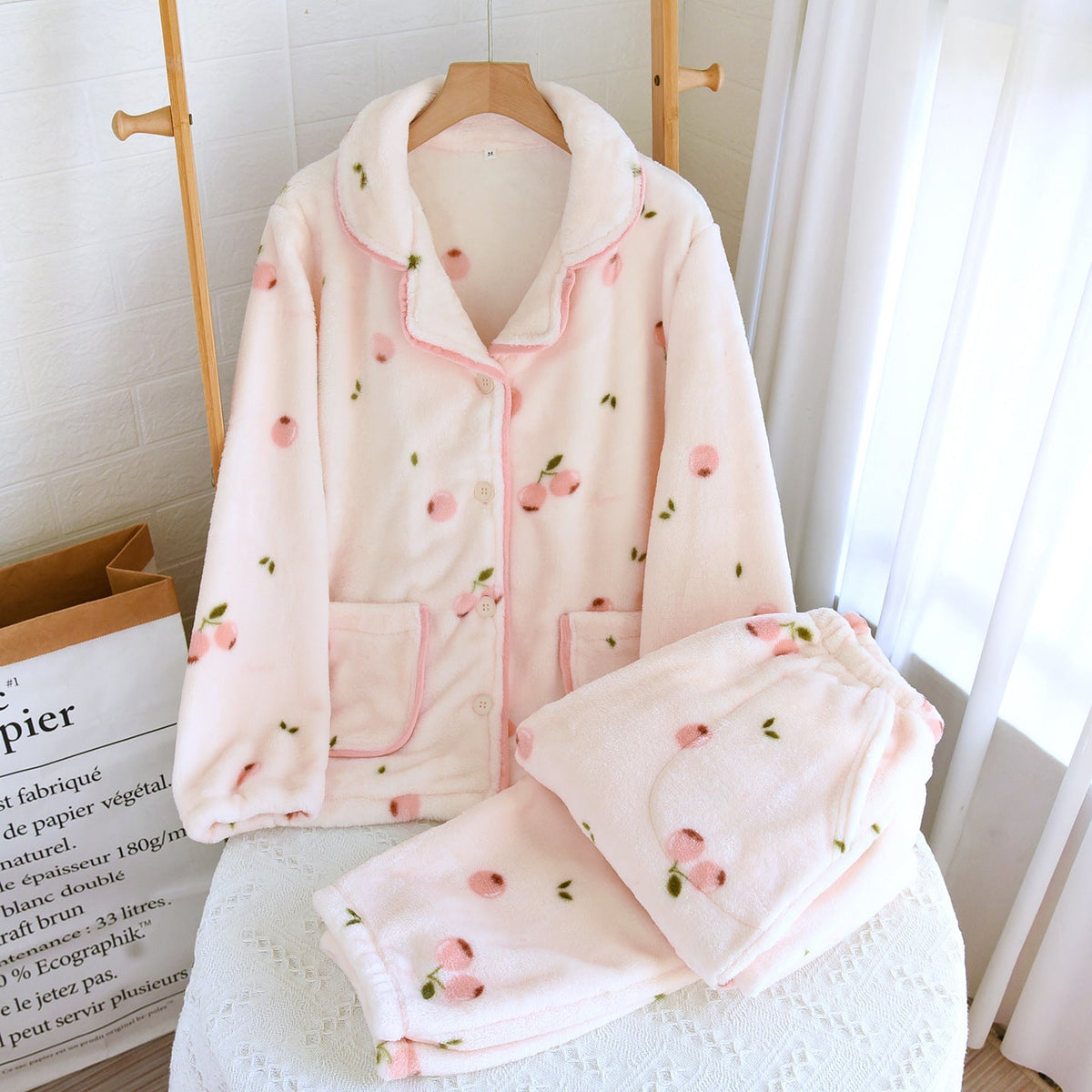 Elena Cherry Fleece Nightsuit In Peach