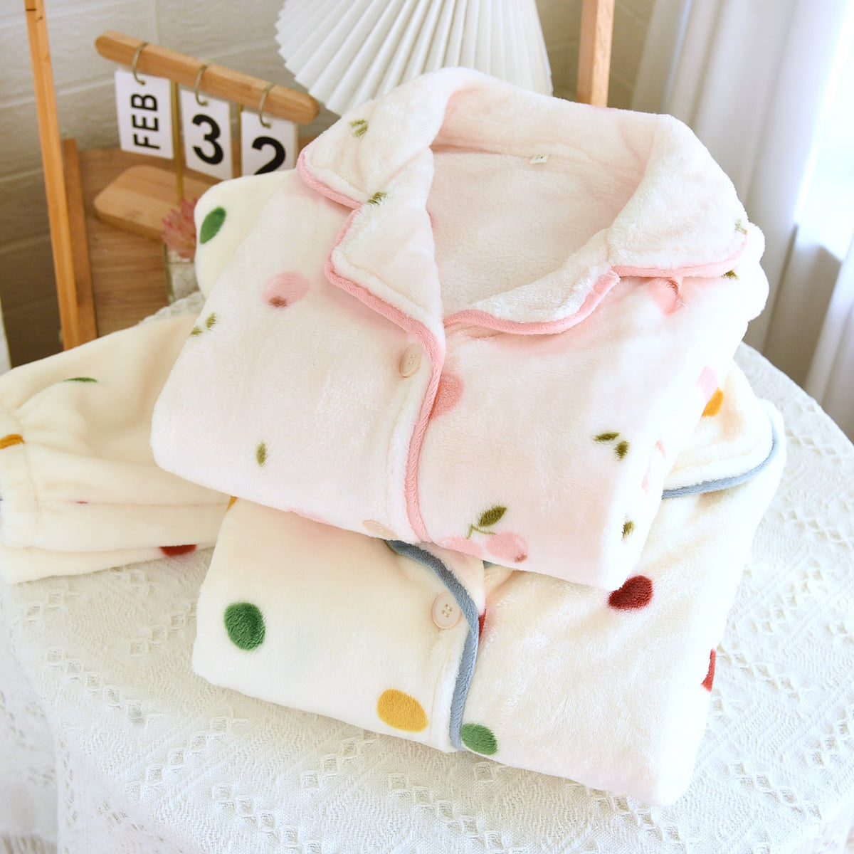Elena Cherry Fleece Nightsuit In Peach