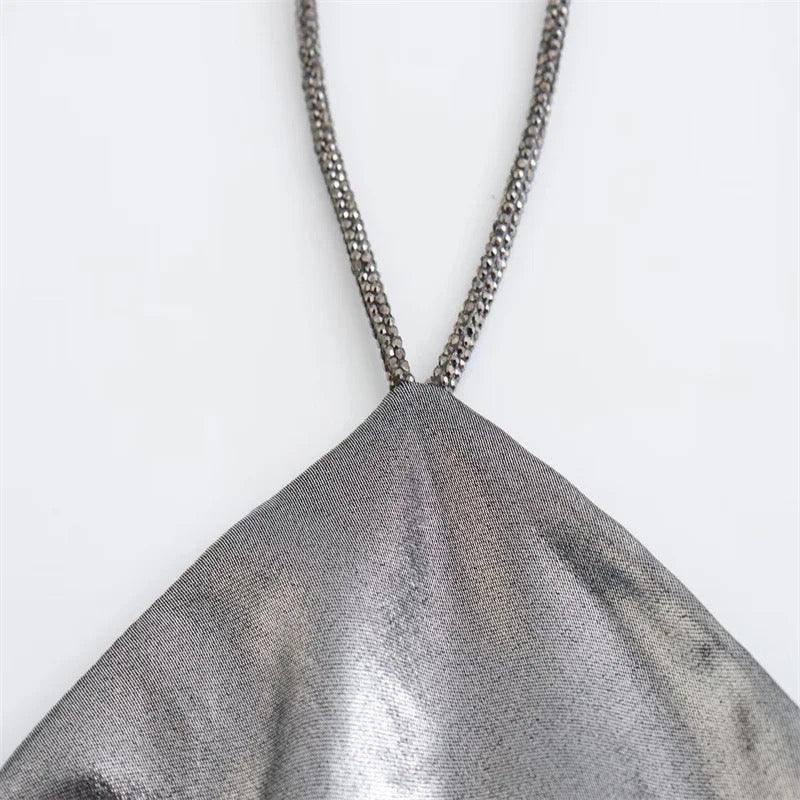 Helen Mettalic Halter Party Midi Dress In Sliver