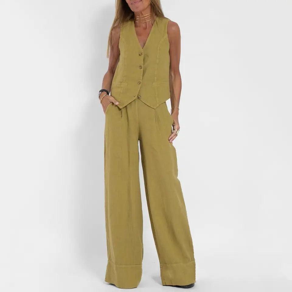 Laiden Statement Linen Vest Suit with Pants In Olive