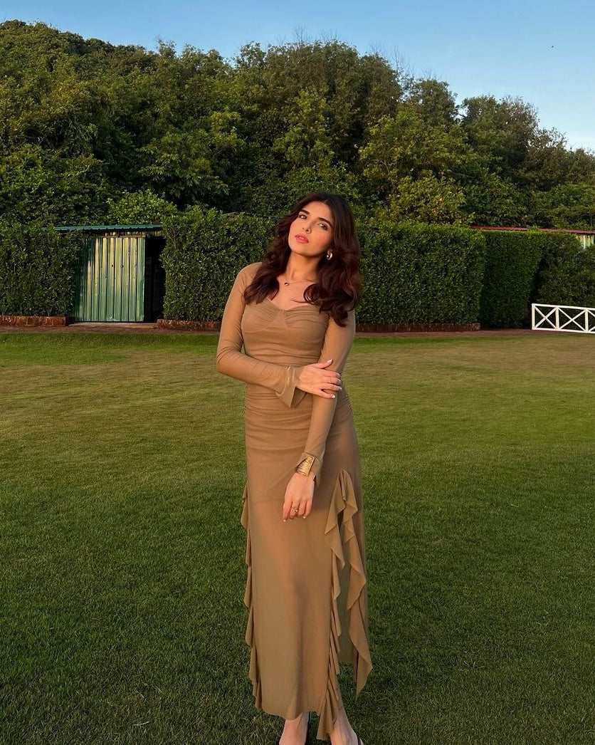 Lolita Ruffled Bodycon Maxi Dress In Brown