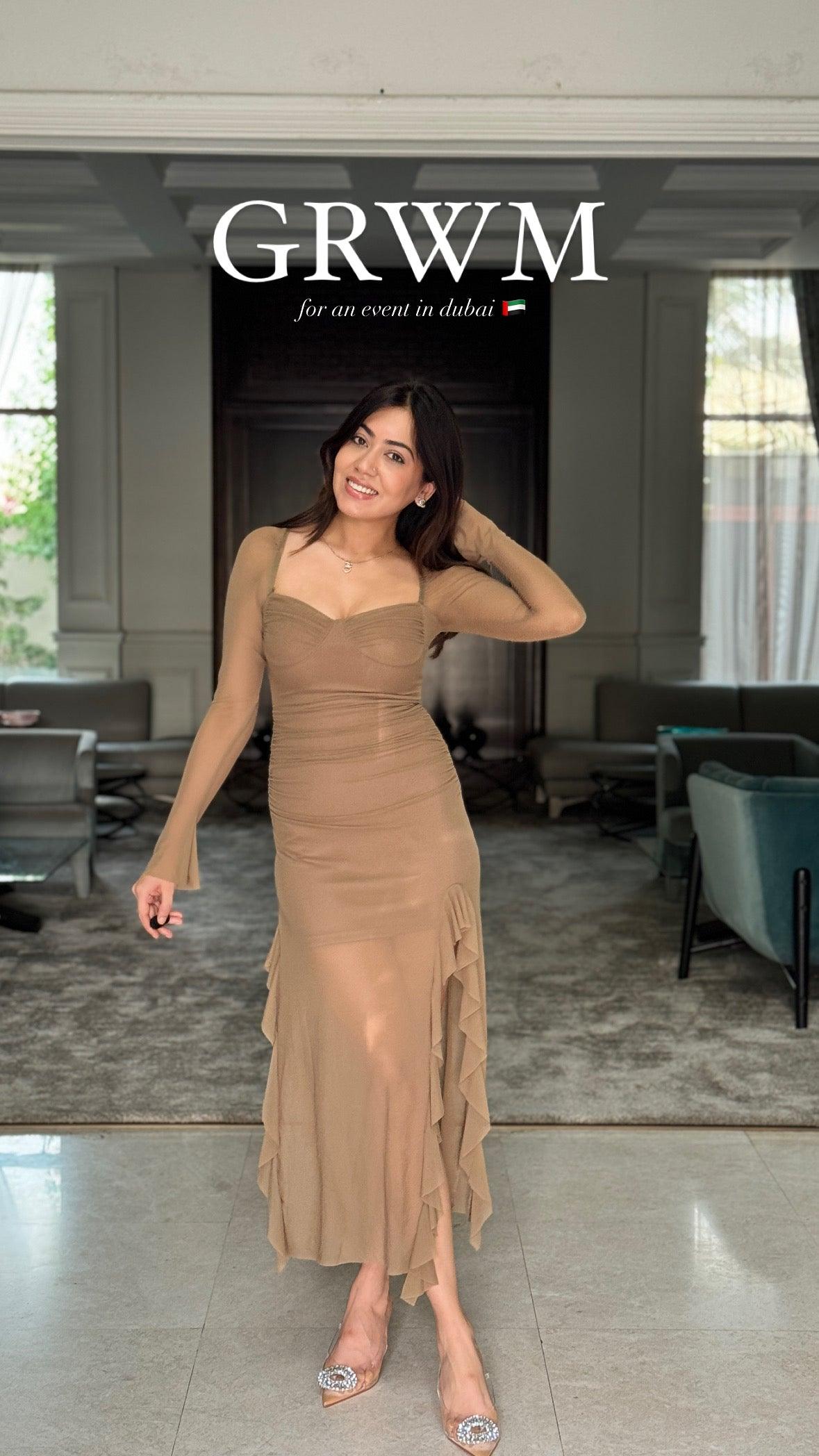 Lolita Ruffled Bodycon Maxi Dress In Brown