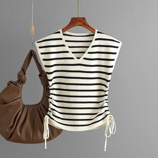 Norie Striped Knit Summer Top In Beige