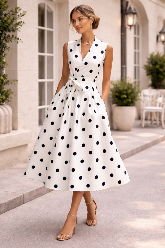 Retro Polka Wrap Midi Dress With Belt