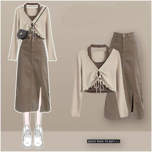Ritsy Summer Coord Set of Top and Skirt In Brown