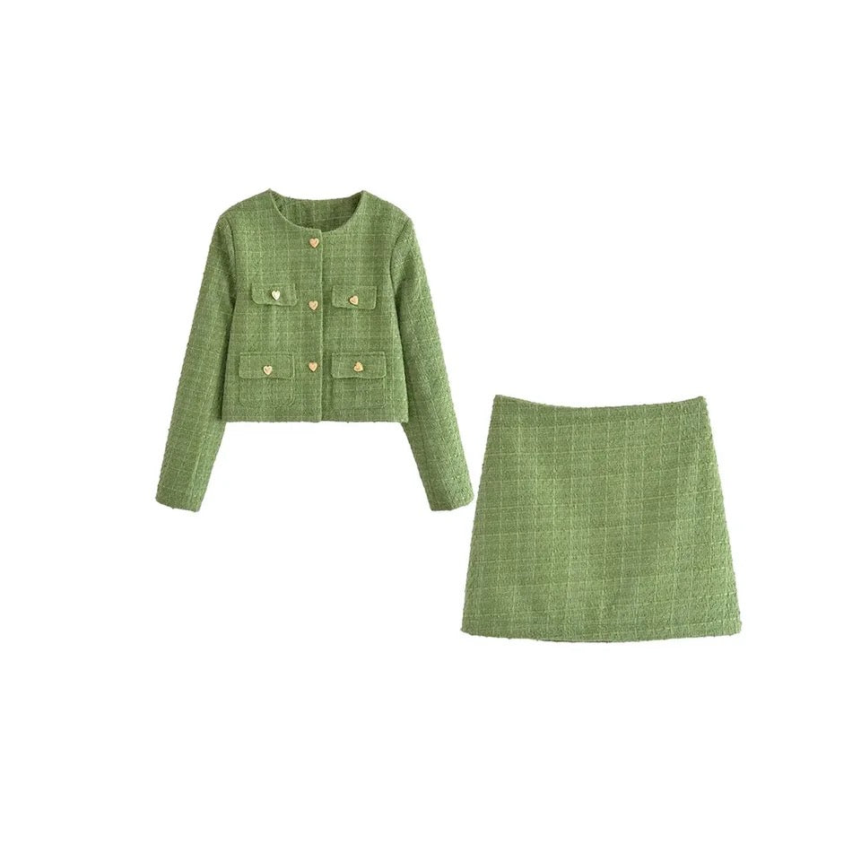 Sare Luxe Tweed 2 Pc Set - Set of Jacket and Skirt In Olive