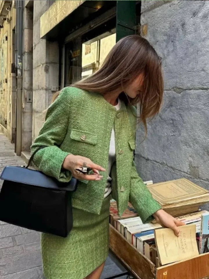 Sare Luxe Tweed 2 Pc Set - Set of Jacket and Skirt In Olive