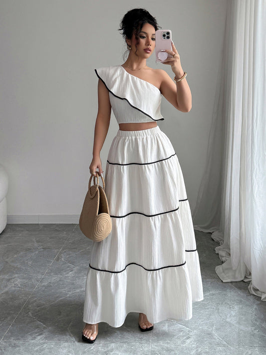Valentino One-Shoulder Top With Skirt Coord Sets In White