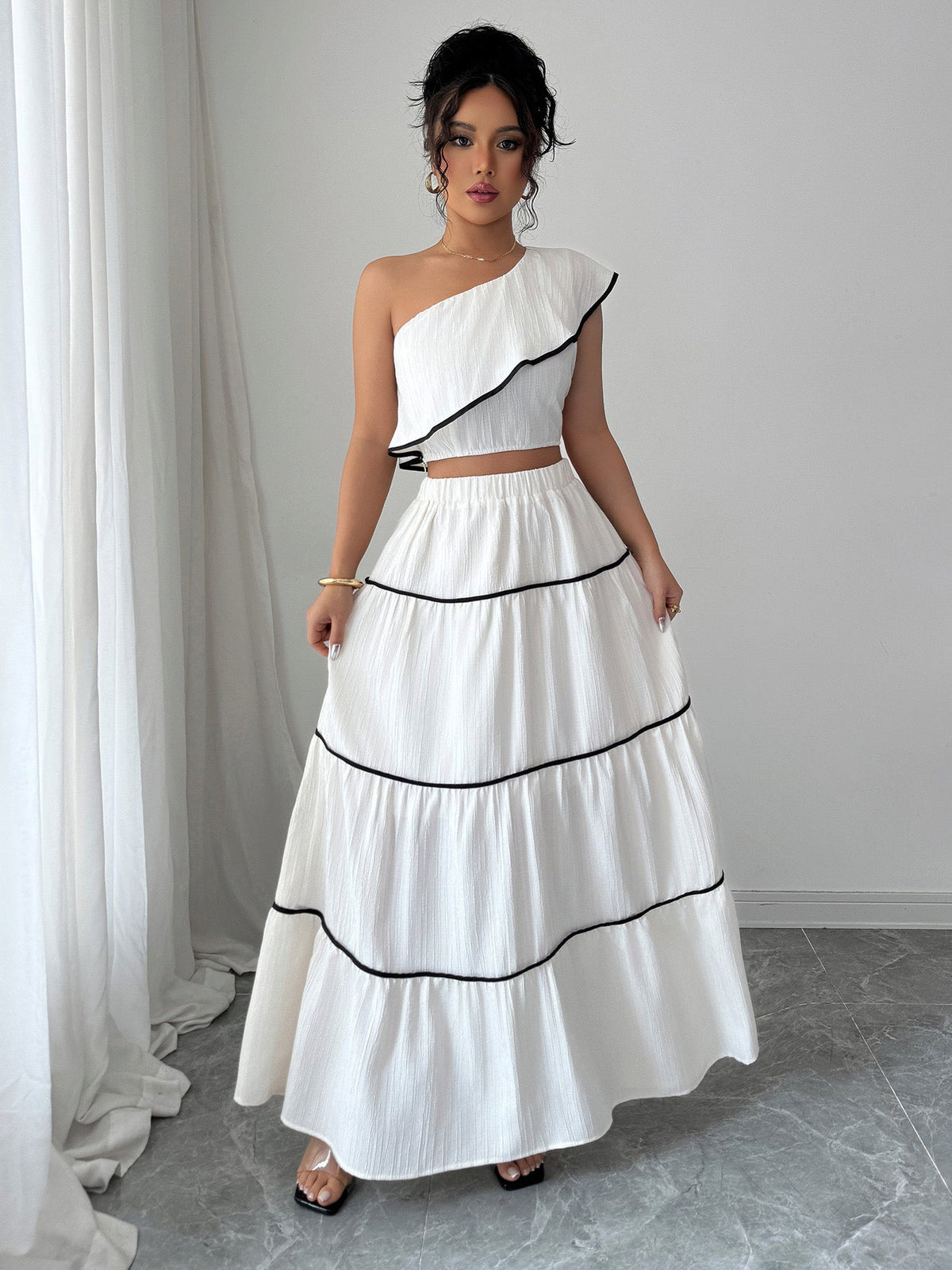 Valentino One-Shoulder Top With Skirt Coord Sets In White